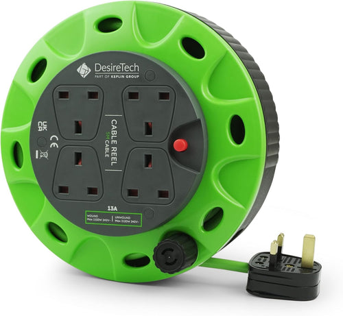 Desiretech - 4 Socket Extension Lead - 5m Portable Cable Reel - Thermal Cut Out, Ergonomic Handle, Green/Black - Heavy Duty Extension Cord for Indoor Use (5 Metre)