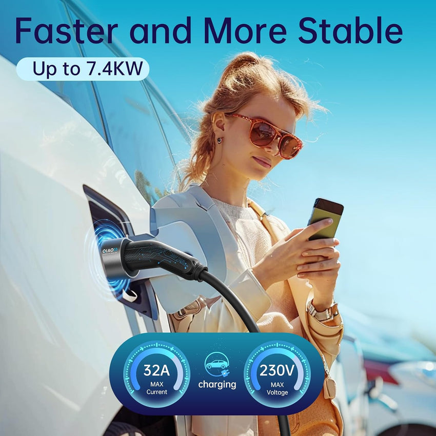 QIAO)) Type 2 EV Charging Cable, 7.4kW 10M 32A Single Phase, Electric Vehicle Type 2 to Type 2 IEC 62196 EV Charger Cable, EVs/Plug-in Hybrid Fast Car Charging Cable with Carry Bag