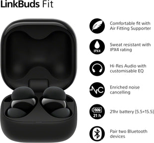Sony LinkBuds Fit - Truly Wireless Noise Cancelling Bluetooth Earbuds - All Day Comfort, IPX4, Hi-Res Audio, Ambient Sound Mode, 21Hrs Battery Life, Multipoint Connection, iOS & Android - Black