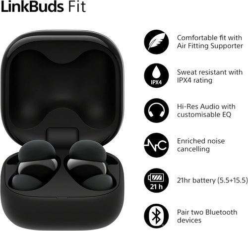 Sony LinkBuds Fit - Truly Wireless Noise Cancelling Bluetooth Earbuds - All Day Comfort, IPX4, Hi-Res Audio, Ambient Sound Mode, 21Hrs Battery Life, Multipoint Connection, iOS & Android - Black