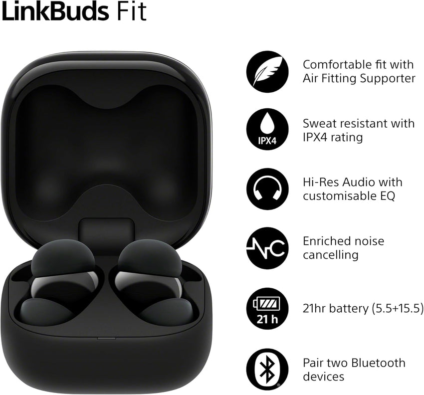 Sony LinkBuds Fit - Truly Wireless Noise Cancelling Bluetooth Earbuds - All Day Comfort, IPX4, Hi-Res Audio, Ambient Sound Mode, 21Hrs Battery Life, Multipoint Connection, iOS & Android - Black