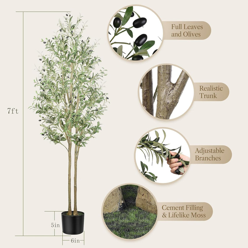 Alupssuc 7FT Artificial Olive Tree, Fake Olive Tree with Lifelike Leaves and Fruits, Faux Tall Plant Indoor Outdoor for Home Living Room Bedroom Balcony Corner Office Garden Decor, 210cm
