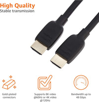Amazon Basics HDMI Cable, 48Gbps High-Speed, 8K@60Hz, 4K@120Hz, Gold-Plated Plugs, Ethernet Ready, 0.9 m, Black