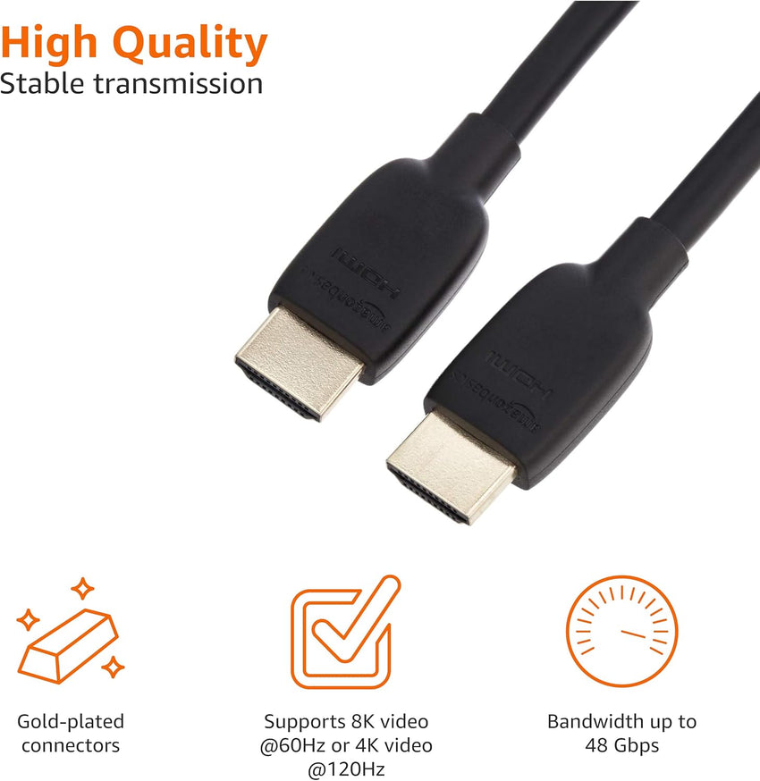Amazon Basics HDMI Cable, 48Gbps High-Speed, 8K@60Hz, 4K@120Hz, Gold-Plated Plugs, Ethernet Ready, 0.9 m, Black