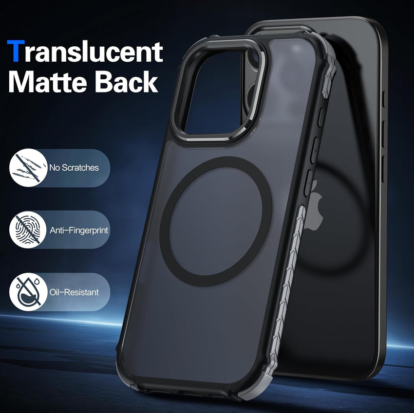 AMILIFECASES Magnetic for iPhone 16 Pro Case, [1X 9H Screen Protector] [Anti-Fingerprint] [Anti-Scratch], Translucent Matte Back Slim Shockproof Case for iPhone 16 Pro 6.3inches - Black