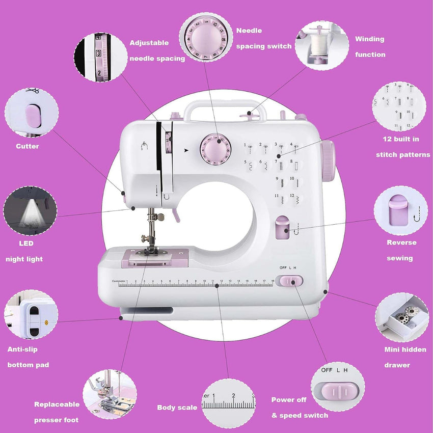 Sewing Machine 12 Stitches 2 Speeds Double Thread White