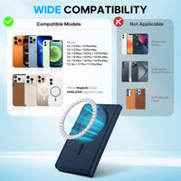 SHIELDON Magnetic Card Holder, Genuine Leather, RFID Blocking, 6 Card Slots, ID Window, Slim Pocket Wallet Compatible with iPhone 16/15/14/13/12 & Magnetic Cases - Navy Blue