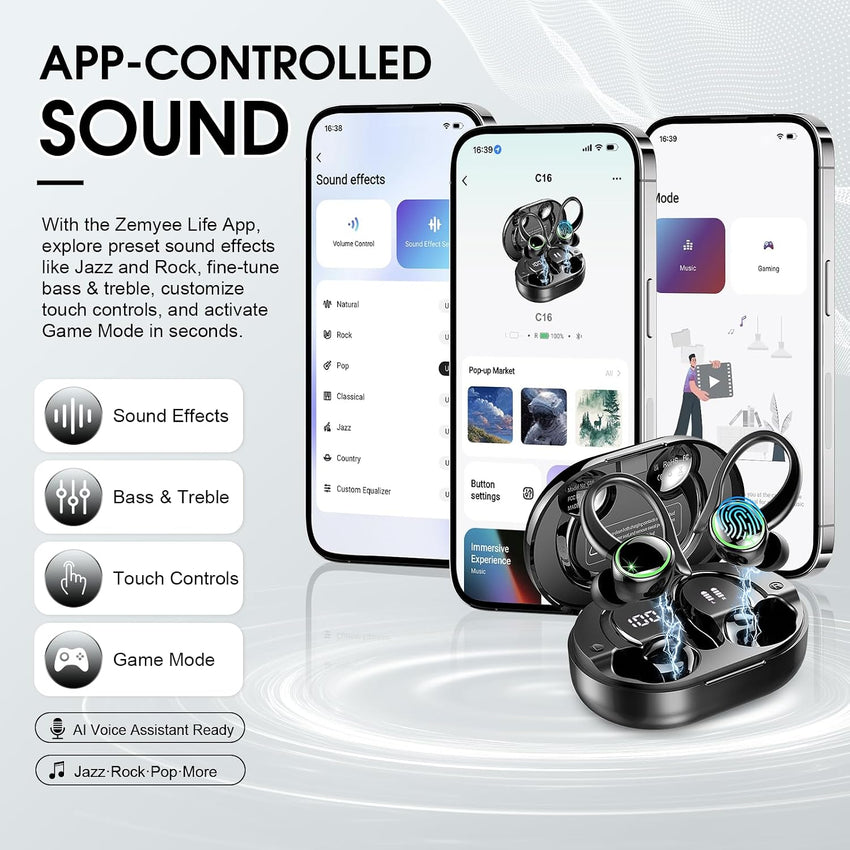 Wireless Earbuds Bluetooth 5.4 Sport ENC 4 Mics 50h Playtime Black
