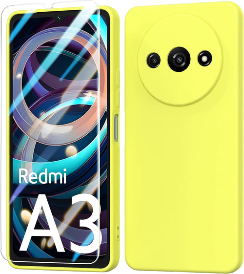 BUTISHIYU Case Compatible with Xiaomi Redmi A3 4G with 1 Tempered Glass Screen Protector, Silicone Slim Fit Shockproof Anti-Scratch Case for Xiaomi Redmi A3 4G - Yellow