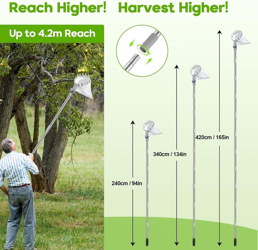 4.2M Apple Picker with Telescopic Handle, Fruit Picker Tool with Basket, Adjustable Head, Lightweight Apple Tree Picker Tool, Easy to Assemble, Aluminium Pole & Fabric Bag for Easy Harvesting