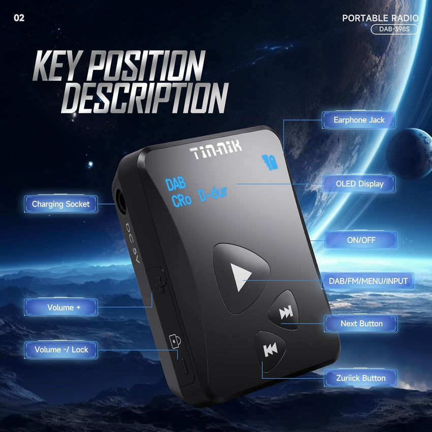 Tin-Nik DAB-398S Portable Digital DAB Radio, DAB+/DAB/FM Mini Radio, Pocket FM Radio with Earphones, OLED Display, Rechargeable Battery for Sports,Run, jogging or Cycling