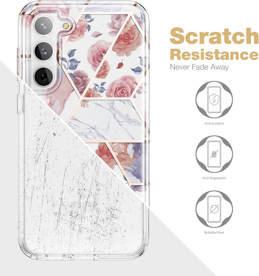 SURITCH Compatible with Samsung Galaxy S23 Plus Case [Built-in Screen Protector] Natural Marble Full Body Protection Cover Rugged Bumper Shockproof Case for Samsung Galaxy S23 Plus(Marble Rose)