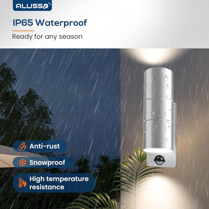 ALUSSO LED Outdoor Wall Light Motion Sensor,IP65 Stainless Steel Up Down Light Mains Powered,Warm White/Neutral White/Cool White Selectable,2x8W GU10 Included,Outside Sconce Wall Mounted for Porch