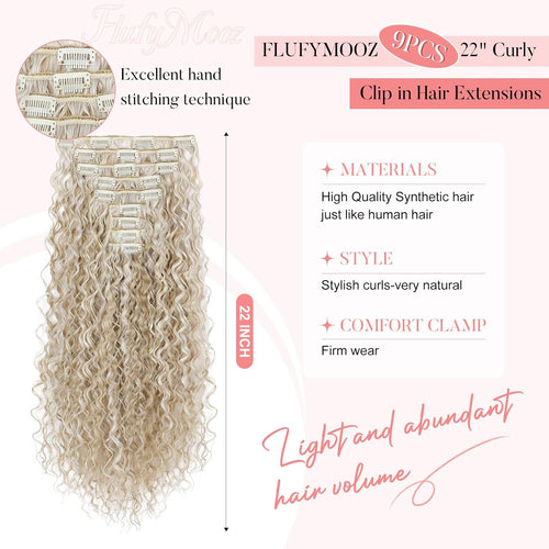 FLUFYMOOZ 9PCS Clip-in Hair Extensions Curly Synthetic Hair â Blonde/White Highlights