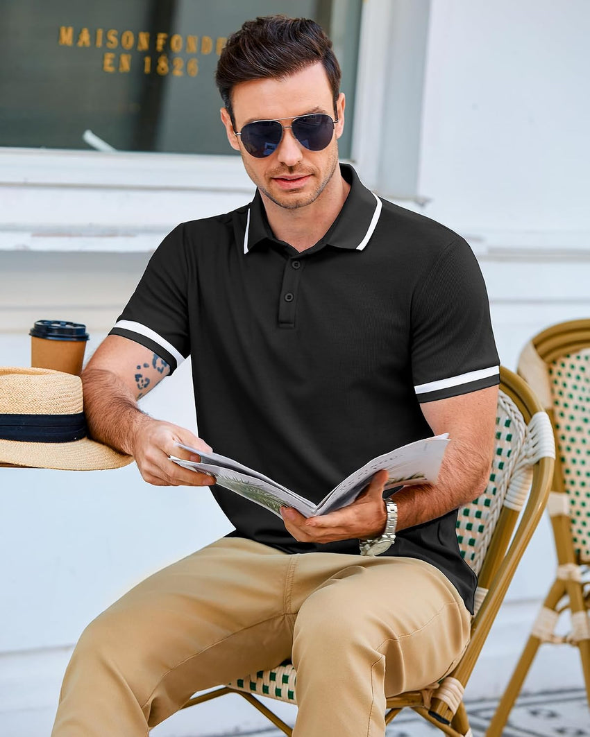 Men's Polo Shirt Short Sleeve Breathable Cotton Classic XL Beige