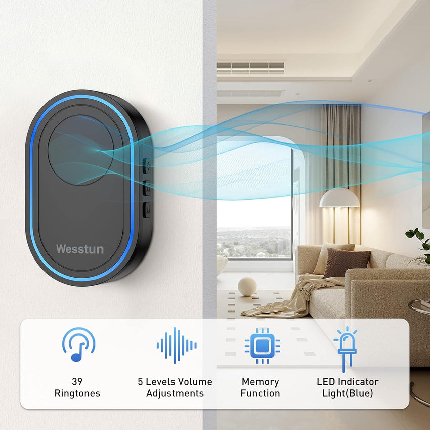 Wireless Doorbell with 2 Receivers, IP67 Waterproof Door Chime Kit Operating at The Range of 300m, 2 Plug-in Door Bell Receivers with 39 Ringtones, LED Light & 5-Level Volume Control, Black