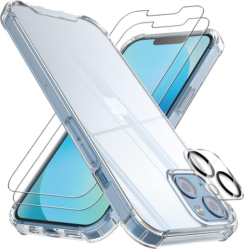 4youquality (4-in-1 Case for iPhone 13 with [2-Pack Tempered Glass Screen Protectors + 1-Pack Camera Lens Protector], Airbag Drop Protection, Transparent Clear Bumper Phone