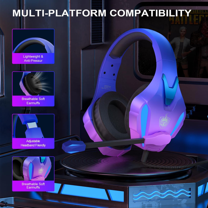 YOTMS PS4 Gaming Headset for Xbox One, PS5, PC, Wired Gaming Headset with Bass Surround, Over Ear Headphones with Mic, 3.5mm interface (Violet)