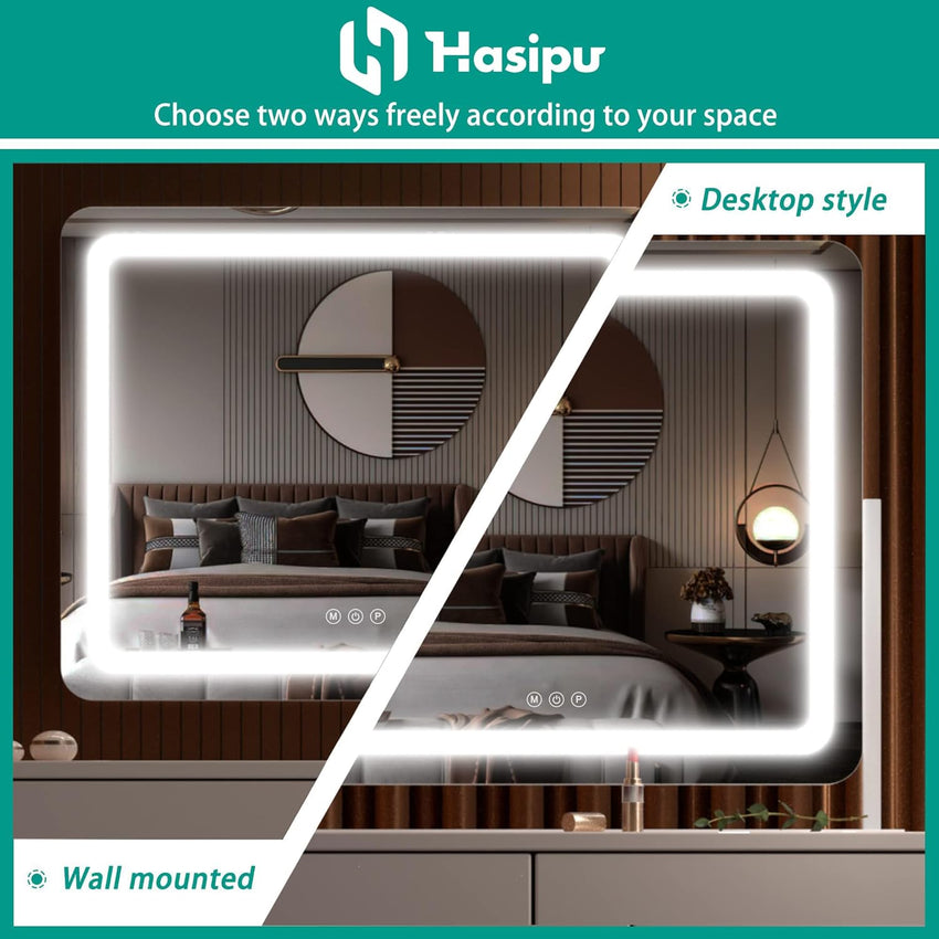 Hasipu Vanity Mirror with Lights, 55 x 45cm LED Makeup Mirror, Light up Mirror with 10X Magnification and USB, Phone Holder, Smart Touch 3 Colors Dimmable, 360ÃÂ° Rotation (Round White)