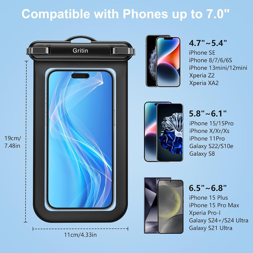 Gritin Waterproof Phone Pouch, 2 Pack IPX8 Waterproof Phone Case Bag for Swimming, Adjustable Lanyard Underwater Dry Bag for iPhone 16 15 14 13 12,Galaxy S24 S23 S22 and Other Smartphones up to 7"