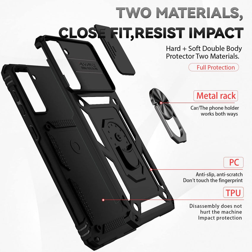 for Samsung Galaxy S21 Plus Case with Camera Lens Cover HD Screen Protector, Military-Grade Drop Tested Magnetic Ring Holder Kickstand Protective Phone Case for Samsung Galaxy S21+ Plus 5G (Black)