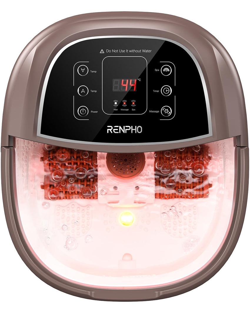 RENPHO Motorized Rollers Foot Spa Massager, Foot Bath with Fast Heating, Automatic Massage, Powerful Bubble Jets, Pedicure for Tired Feet, Adjustable Timer and Temperature,Brown