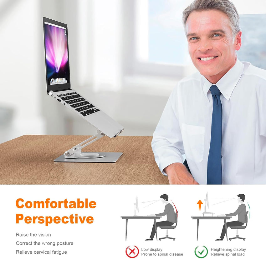 GRIFEMA Laptop Stand for Desk, Foldable Laptop Riser with 360^0 Swivel Base, Adjustable Height & Angle, Ventilated Computer Stand Compatible with MacBook Air/Pro, Dell, and 11-17" Laptops - Silver