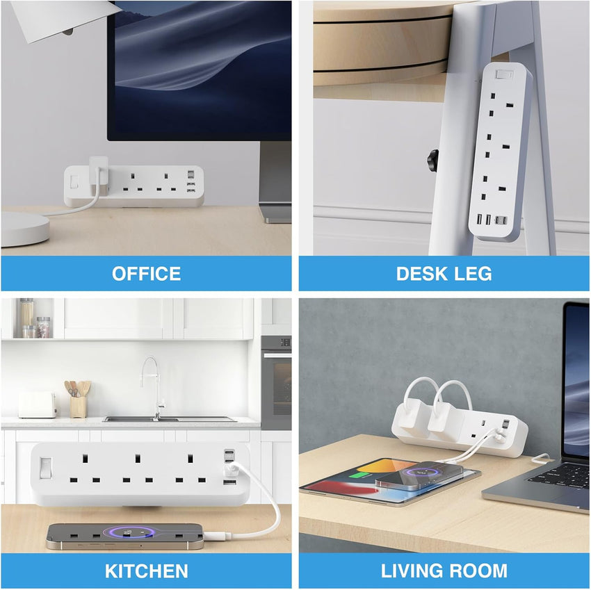 Desk Power Socket with 4 USB (2 Type C), ANVODE 3 Way Desktop Power Strip with Switch, Desk Extension Lead 2M for Home Office (White)