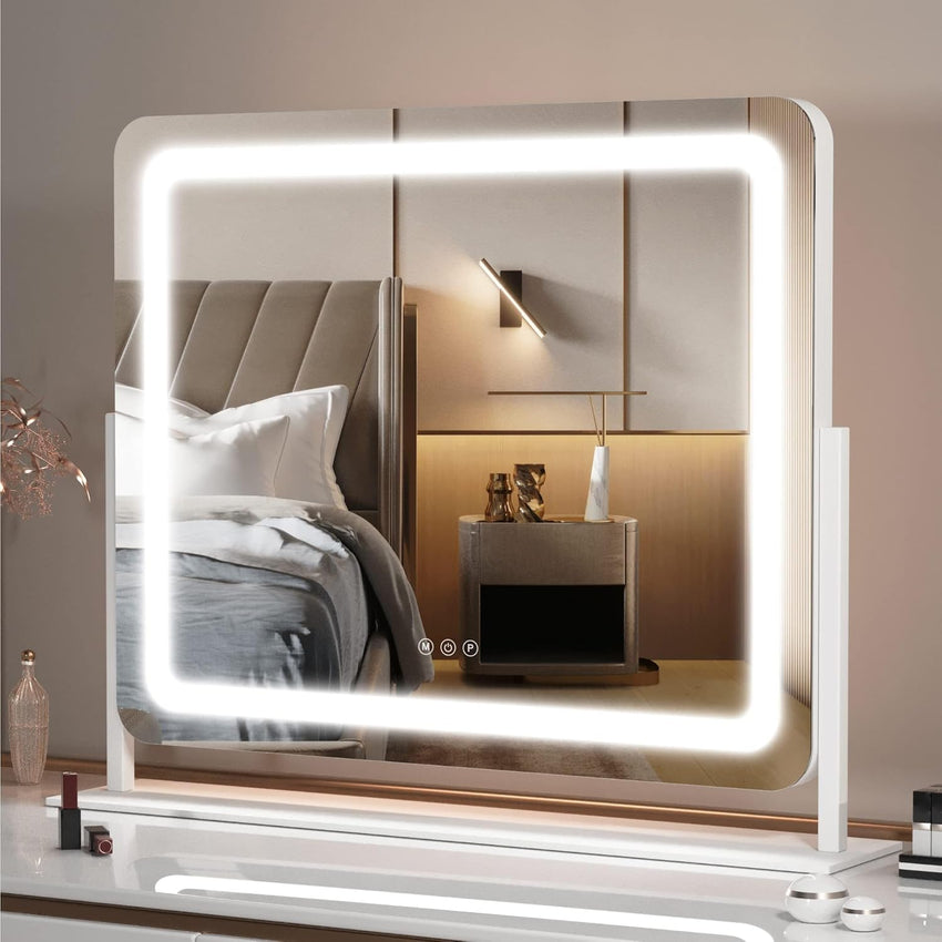 Hasipu Vanity Mirror with Lights, 55 x 45cm LED Makeup Mirror, Light up Mirror with 10X Magnification and USB, Phone Holder, Smart Touch 3 Colors Dimmable, 360ÃÂ° Rotation (Round White)