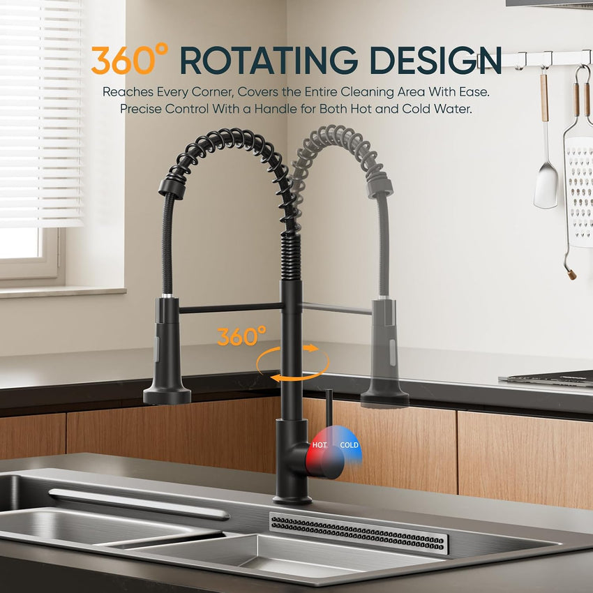 BESy Matte Black Kitchen Sink Tap, 2 Function Kitchen Sink Mixer Taps with Pull Out Spray, Brass High-Arc 360ÃÂ° Swivel Single Handle Spring Rv Kitchen Taps
