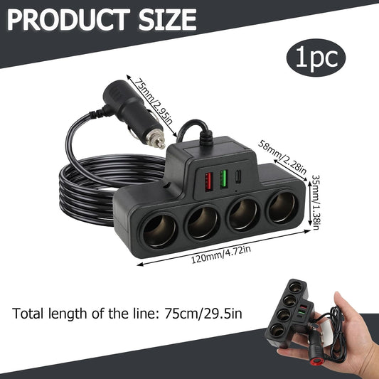 120W 7 in 1 Car Cigarette Lighter USB Charger, Multi Socket Car Charger Splitter Adapter with 4 Sockets and 3 USB Ports QC 3.0 USB 3.1 PD 3.1, Multi Device Fast Charging for 12V 24V Vehicles, Phones