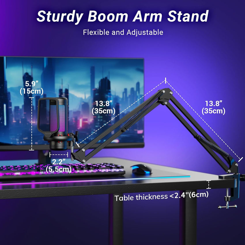 TONOR Gaming USB Microphone with RGB Modes & Boom Arm Black