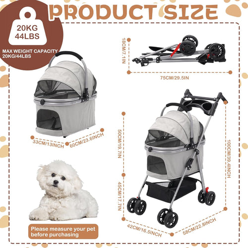 Pet Stroller 3-in-1 Foldable Dog Cat Stroller with Carrier, Storage Basket & Food Tray â Grey