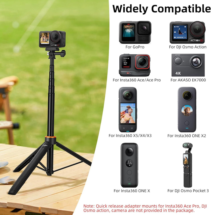 53.5"/136cm Selfie Stick Tripod for DJI Osmo Pocket 3, GoPro Hero 13/12/11/10/9/Max2, DJI Osmo Action 5 Pro/4, AKASO EK7000, Action Camera 2-in-1 Extendable Handle/Travel Vlogging Stand/Accessories