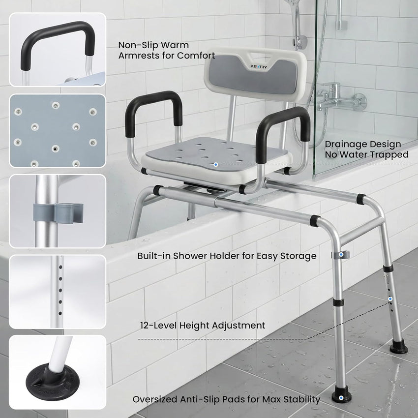 Sliding Bathtub Transfer Bench 360ÃÂ° Rotating Shower Chair Height Adjustable