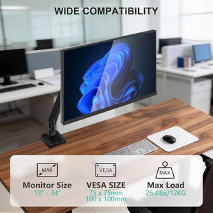WALI Single Monitor Arm for 17-34 inch Screens, Ergonomic Gas Spring Monitor Arm Desk Mount up to 12 kg, Adjustable Computer Monitors Stand with Clamp and Grommet Base, VESA 75/100mm (GSMP001N), Black