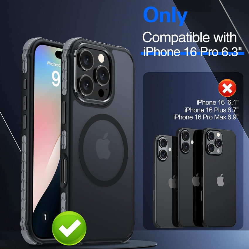 AMILIFECASES Magnetic for iPhone 16 Pro Case, [1X 9H Screen Protector] [Anti-Fingerprint] [Anti-Scratch], Translucent Matte Back Slim Shockproof Case for iPhone 16 Pro 6.3inches - Black