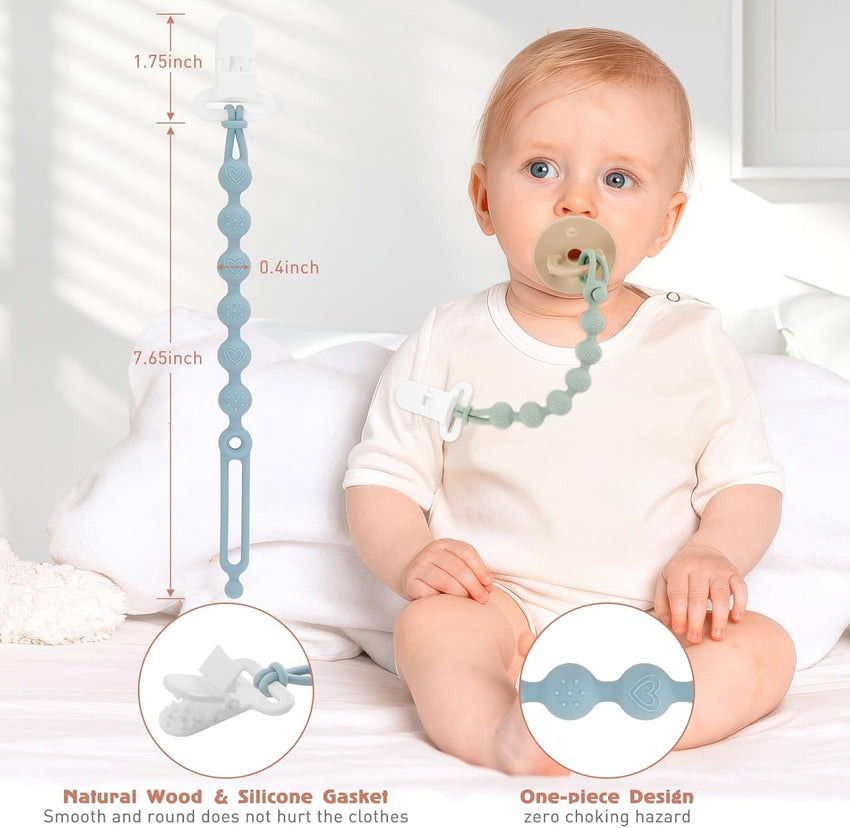 Silicone Pacifier Clip One-Piece Wooden Soother Design Fits Most Pacifiers â Sand & Light Grey