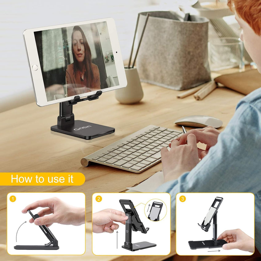 Gritin Tablet Stand, Adjustable Tablet Holder - Foldable Desktop Tablet/Phone Stand Holder Super Stable Compatible with New iPad 12.9, 11, 10.9, 10.2 Air mini 2 3 4 5 6 and All 4-12.9" Tablets