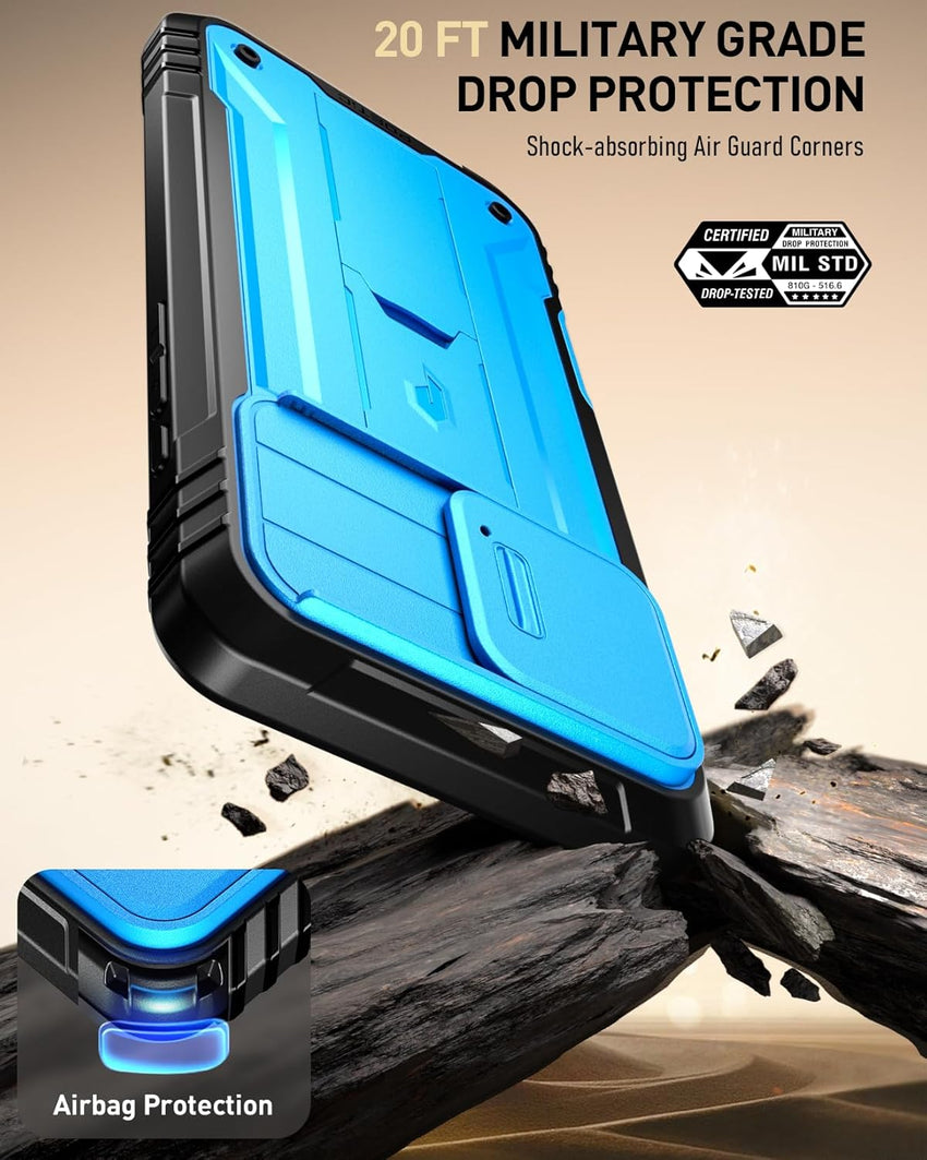Poetic Revolution Case for iPhone 16 Pro Max 6.9 inch, [Slide Camera Cover], Full-Body Military Grade Rugged Shockproof Cover Broken KickstandLight Blue