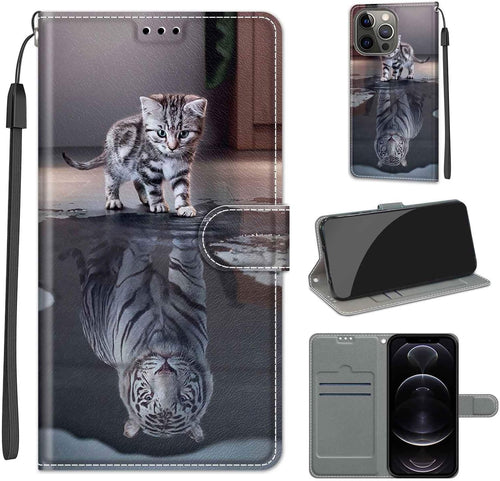 for iPhone 13 Pro Max 5G 6.7" Case, PU Leather Wallet Book Flip Folio Stand View Cover Pouch Compatible with iPhone 13 Pro Max Phone Case (Cat and Tiger)