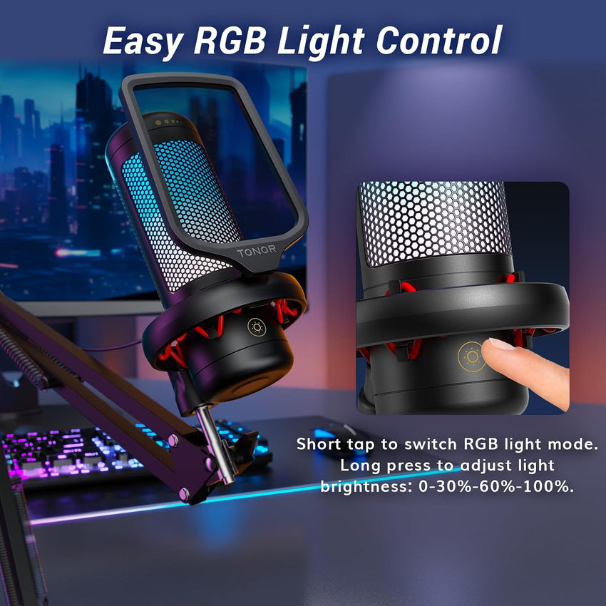 TONOR Gaming USB Microphone with RGB Modes & Boom Arm Black