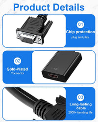 VGA to HDMI Adapter with Audio 1080P VGA Source to HDMI Display Converter with Power Cord Male to Female Connector Male to Female Connector for TV HDTV Projector Monitor Laptop Computer Desktop, Black