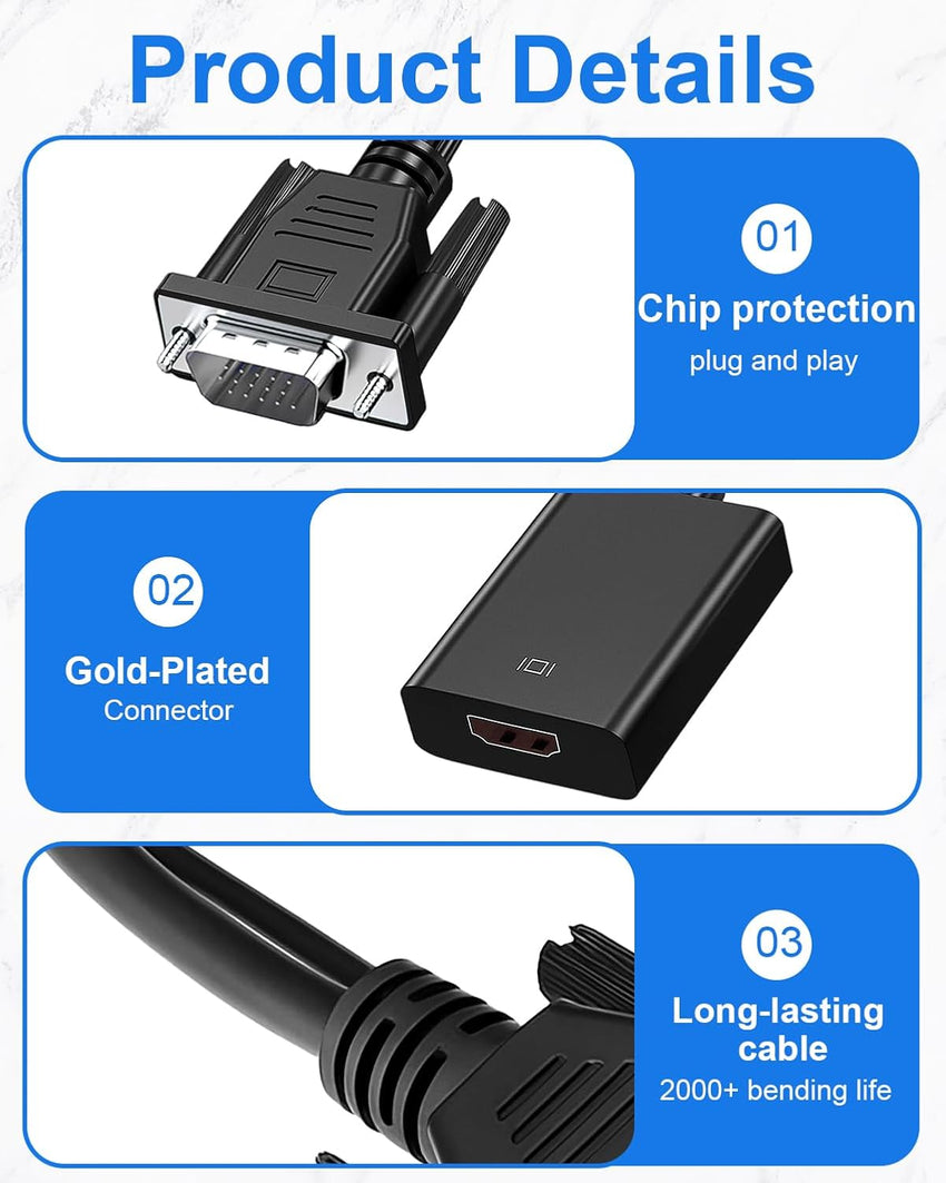 VGA to HDMI Adapter with Audio 1080P VGA Source to HDMI Display Converter with Power Cord Male to Female Connector Male to Female Connector for TV HDTV Projector Monitor Laptop Computer Desktop, Black