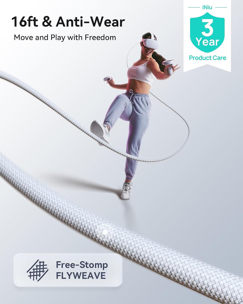 INIU VR Link Cable USB 3.0 16ft with Charging for Quest / Pico / PC VR â White