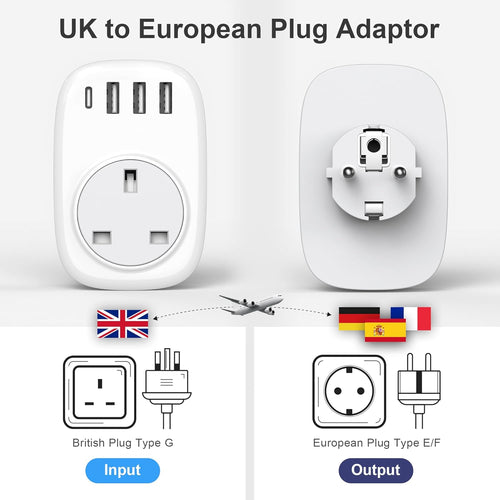 UK to European Plug Adaptor - UK to EU Plug Adapter Euro Europe European Schuko USB C Travel Charger with USBC Type C for France Germany Spain Turkey Greece Poland Iceland Russia (Type E/F) Tusreda