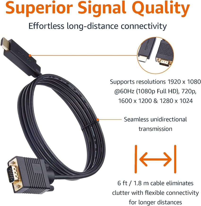 Amazon Basics HDMI (Source) to VGA (Display) Cable (NOT Bidirectional), Gold-Plated, 6 feet, Black