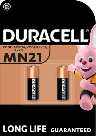 DURACELL MN21 (2 Pack) Specialty Alkaline Battery 12V (A23/23A/V23GA/LRV08/8LR932) - Long life guarantee - For Remotes, Wireless Doorbells, Security Systems - 5-Year Storage Guarantee -Leak Prevention