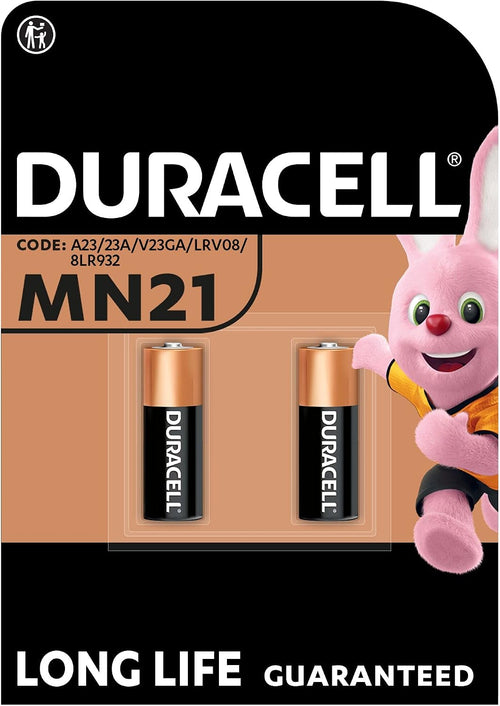 DURACELL MN21 (2 Pack) Specialty Alkaline Battery 12V (A23/23A/V23GA/LRV08/8LR932) - Long life guarantee - For Remotes, Wireless Doorbells, Security Systems - 5-Year Storage Guarantee -Leak Prevention