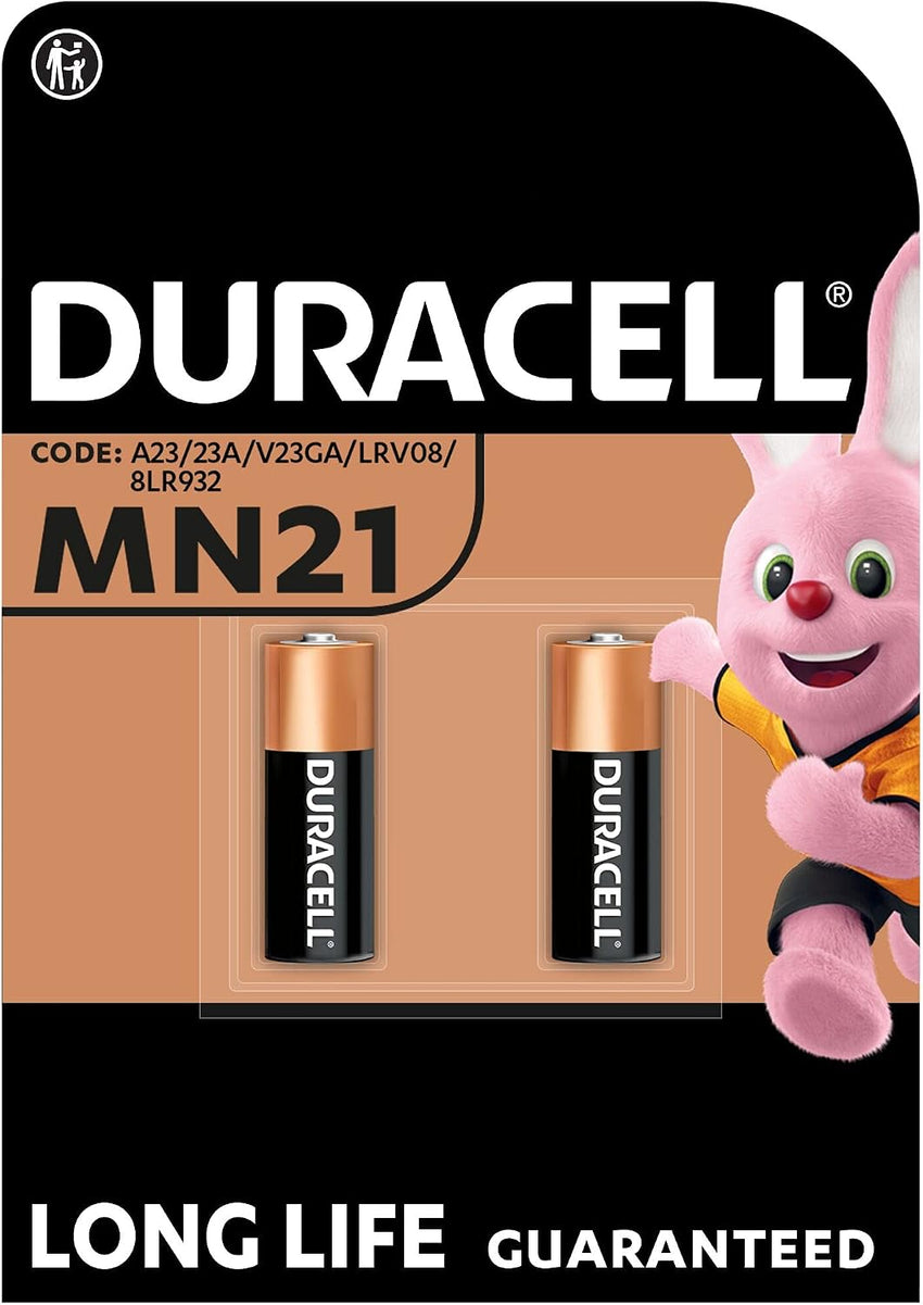 DURACELL MN21 (2 Pack) Specialty Alkaline Battery 12V (A23/23A/V23GA/LRV08/8LR932) - Long life guarantee - For Remotes, Wireless Doorbells, Security Systems - 5-Year Storage Guarantee -Leak Prevention